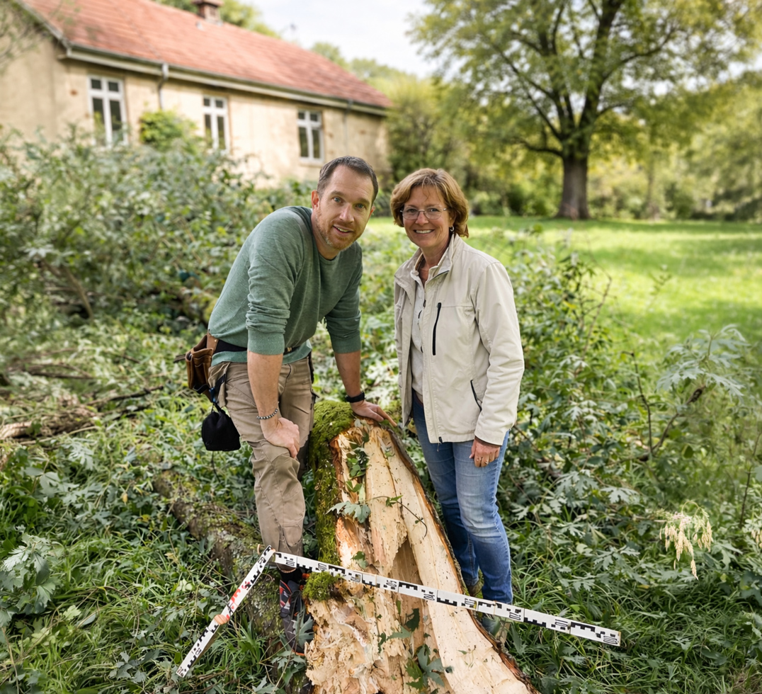 Max Schmidt berät eine Kundin in ihrem Garten neben einer heruntergebrochenen Baumkrone.